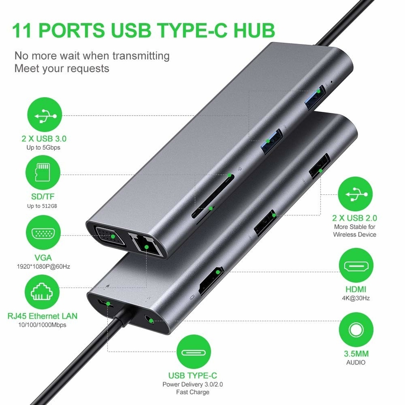 11 cổng 11 trong 1 USB Type C Hub 10Gbps USB C Docking Station Plug And Play tích hợp phần mềm