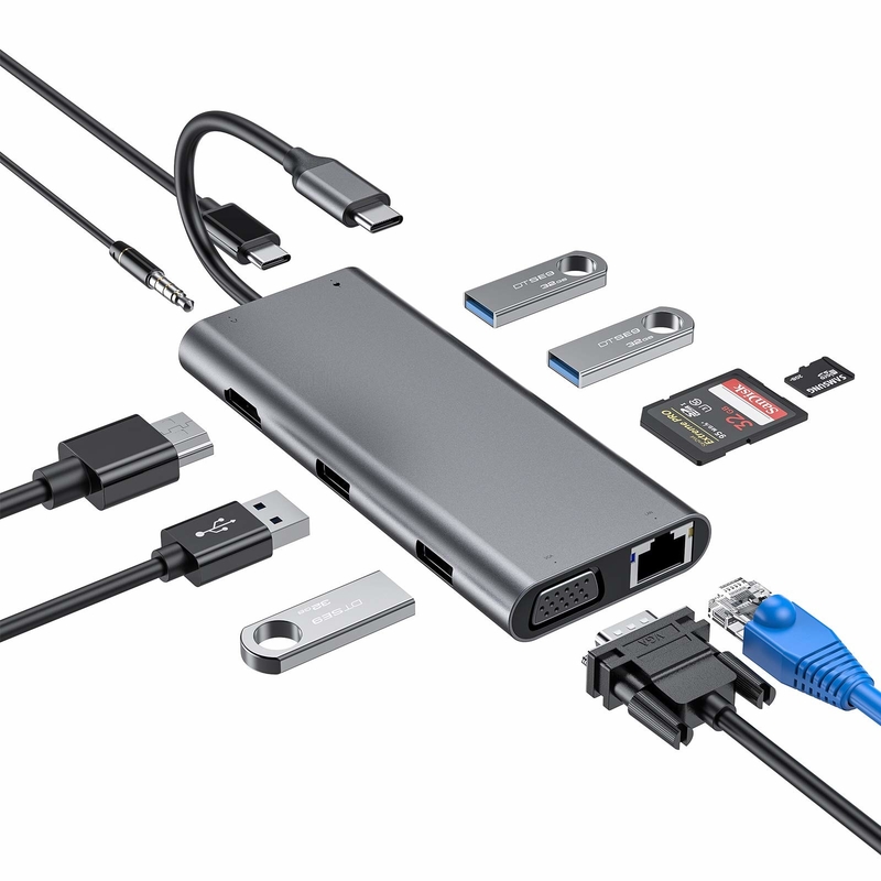 11 trong 1 Type-C Hub Multiport Dock Station Với USB3.0 PD SD / TF 4K HDMI VGA RJ45 Adapter