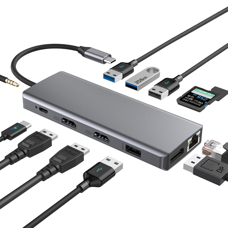 Silver Portable USB C hub adapter đa cổng với HDMI 3.5mm Audio Jack cho MacBook Pro