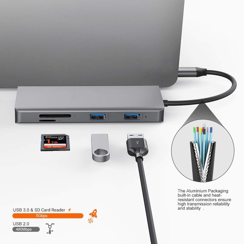 11 trong 1 nhôm bạc USB C Hub với 3.5mm Audio Jack SD Card Reader cho máy tính xách tay Mac