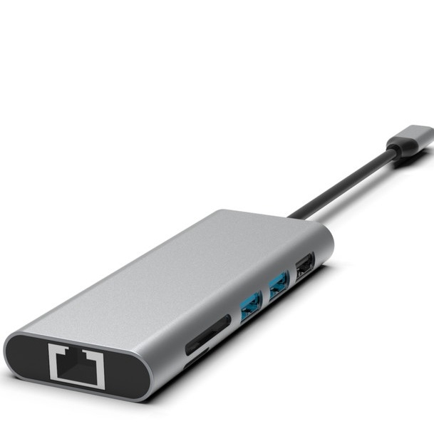 Silver 10-in-1 USB-C Hub với HDMI USB 3.0 Ethernet 3.5mm Audio Jack cho PC và laptop