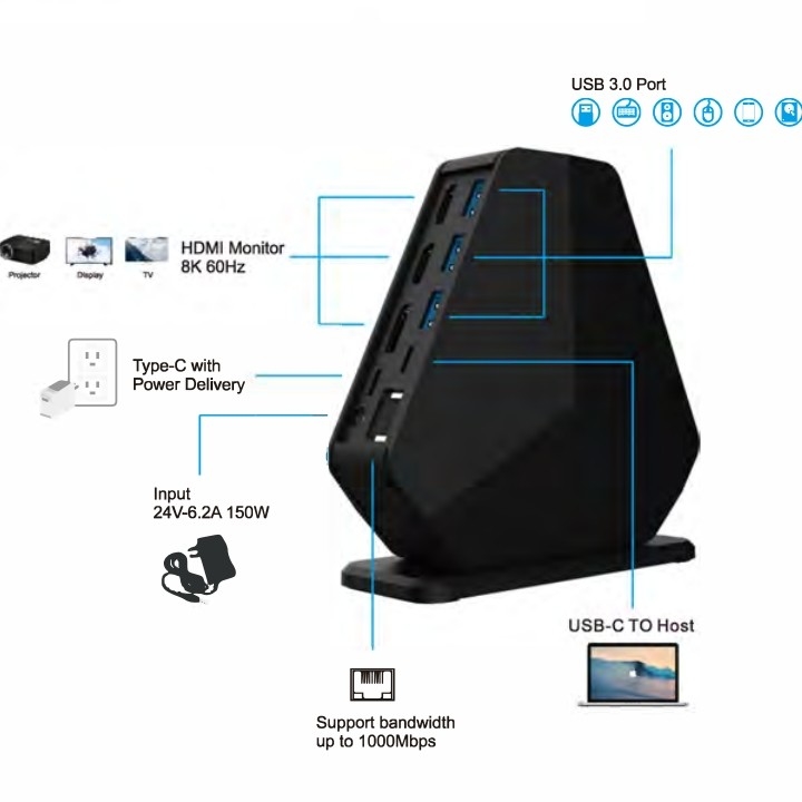 Trạm sạc máy tính để bàn Trạm dock USB C Gigabit Ethernet Kết nối dây ổn định lên đến 1Gbps