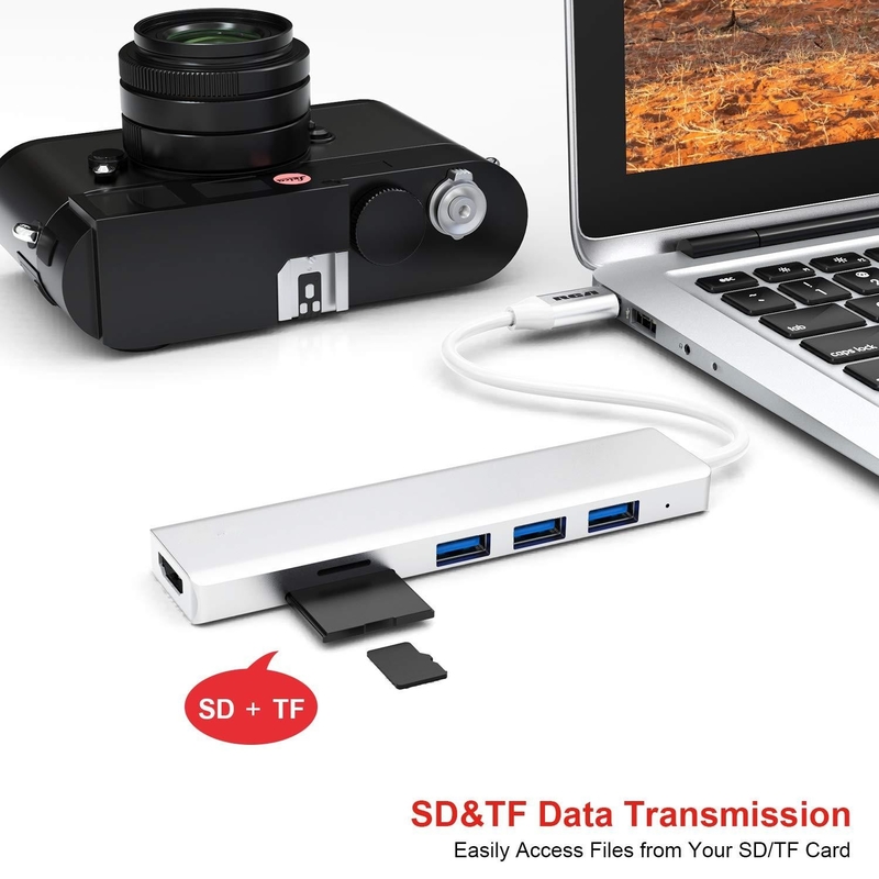 USB C 6 trong 1 Multiport Adapter To HDMI Splitter USB-A 3.1 Type-C Data Port 100W PD SD Card Reader