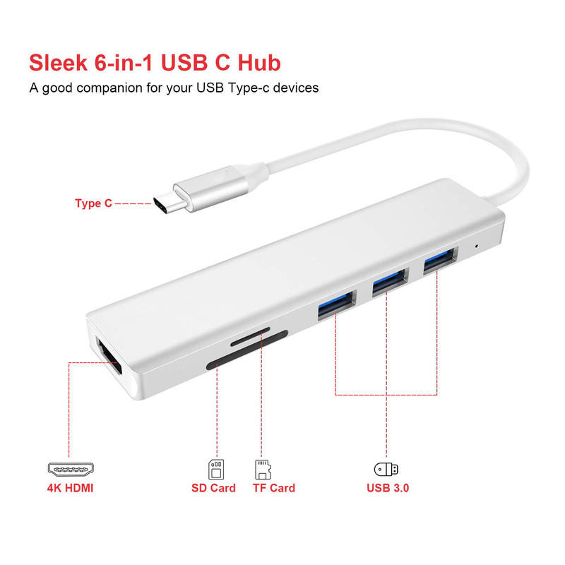 6 cổng Usb-C Hub Splitter Usb-C Expander Portable Usb Adapter Multiport Data Hub