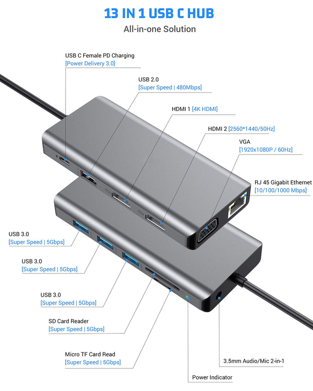 USB C 11 trong 1 Multiport Dock Type C Triple USB 3.0 TF Card Type-C Usb-C Laptop