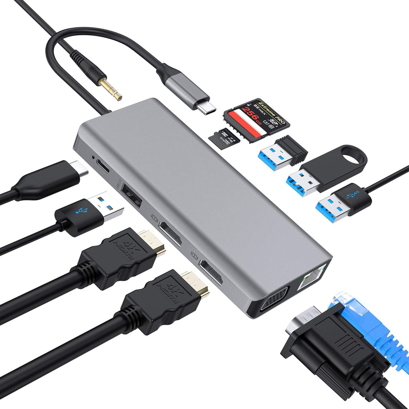 USB C 11 trong 1 Multiport Dock Type C Triple USB 3.0 TF Card Type-C Usb-C Laptop