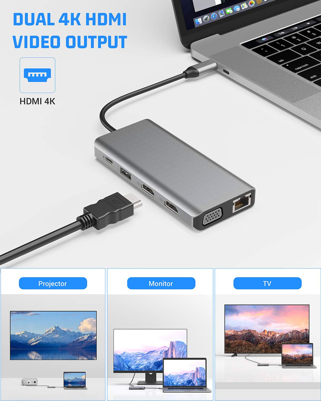 USB C 11 trong 1 Multiport Dock Type C Triple USB 3.0 TF Card Type-C Usb-C Laptop