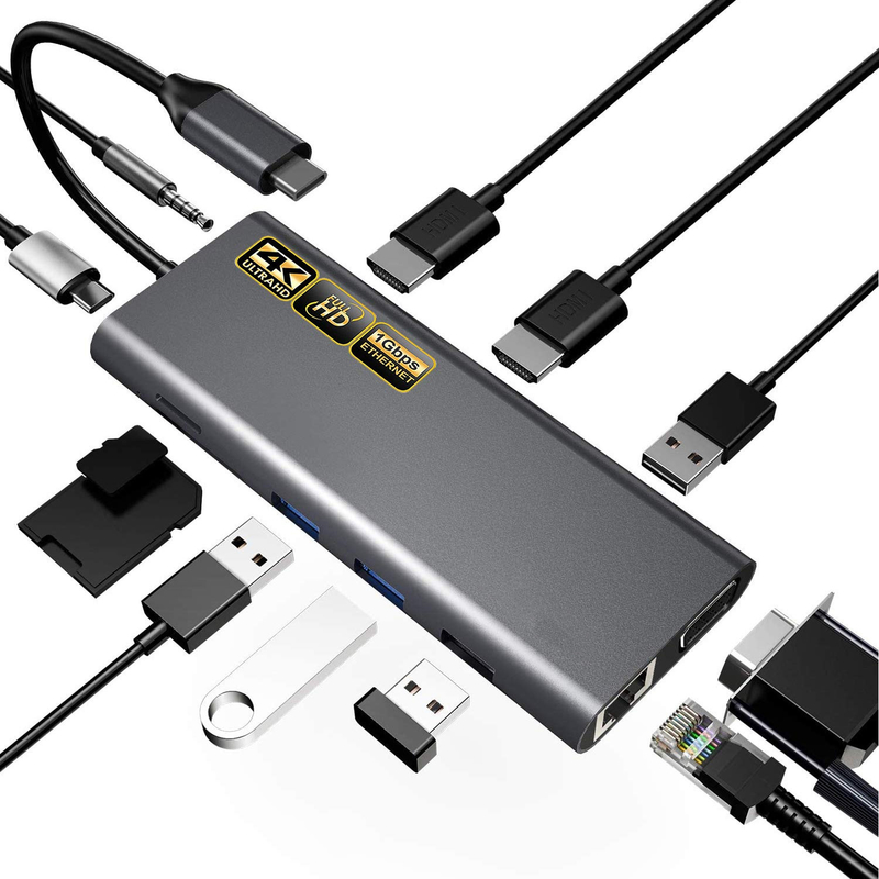 USB C Adapter 13 trong 1 4K HDMI Hub Type C đến HDMI 4K USB 3.0 2.0 PD chuyển đổi sạc