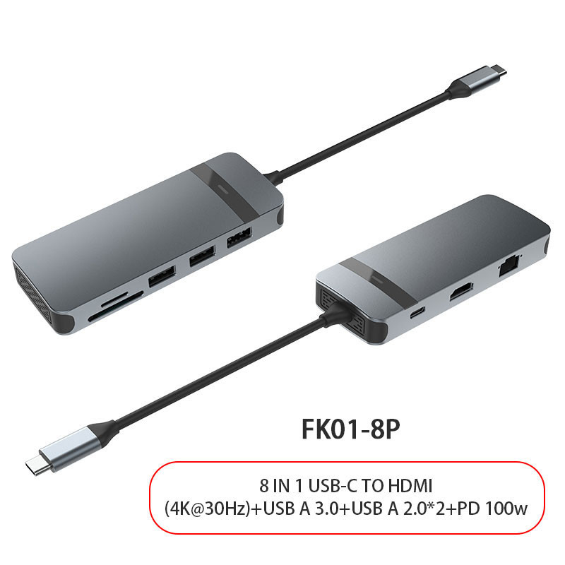 8 trong 1 USB C Hub Adapter Dongle 4K HDMI VGA Type C PD USB3.0 RJ45 Ethernet SD / TF