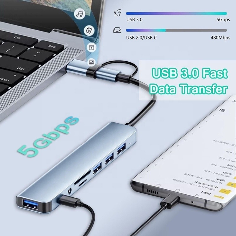 8-In-1 USB 3.0 Hub 3 * USB 2.0 3.5mm Audio SD / TF Card Reader Output để truyền dữ liệu và sạc