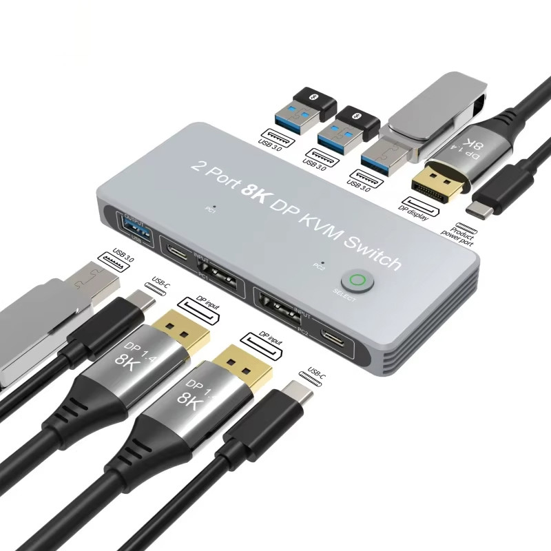 2-Port Displayport và USB KVM Switch 4K 144Hz 8K 60Hz 1.4 với giao diện USB 1.4 DP
