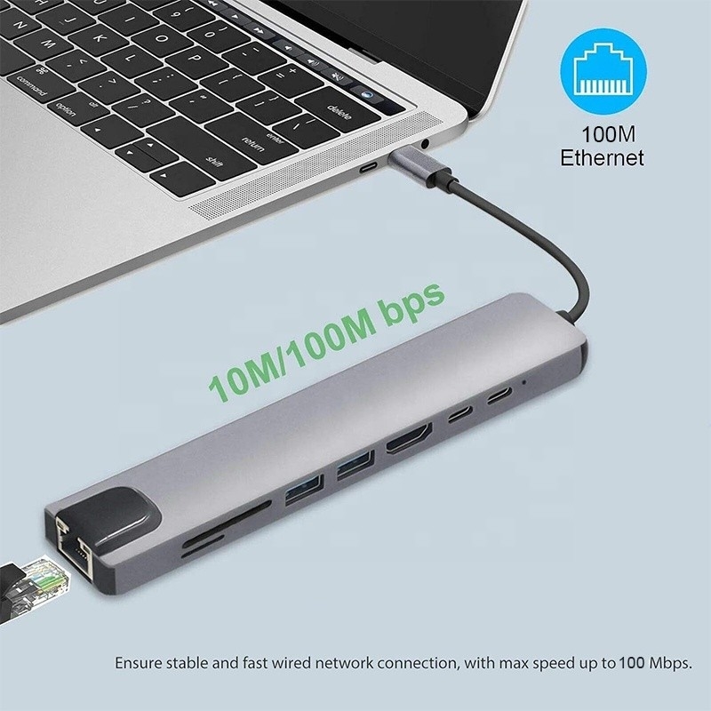 Bộ chuyển đổi đa cổng 8 trong 1 USB Type C Hub đa năng cho đa nhiệm và truyền dữ liệu