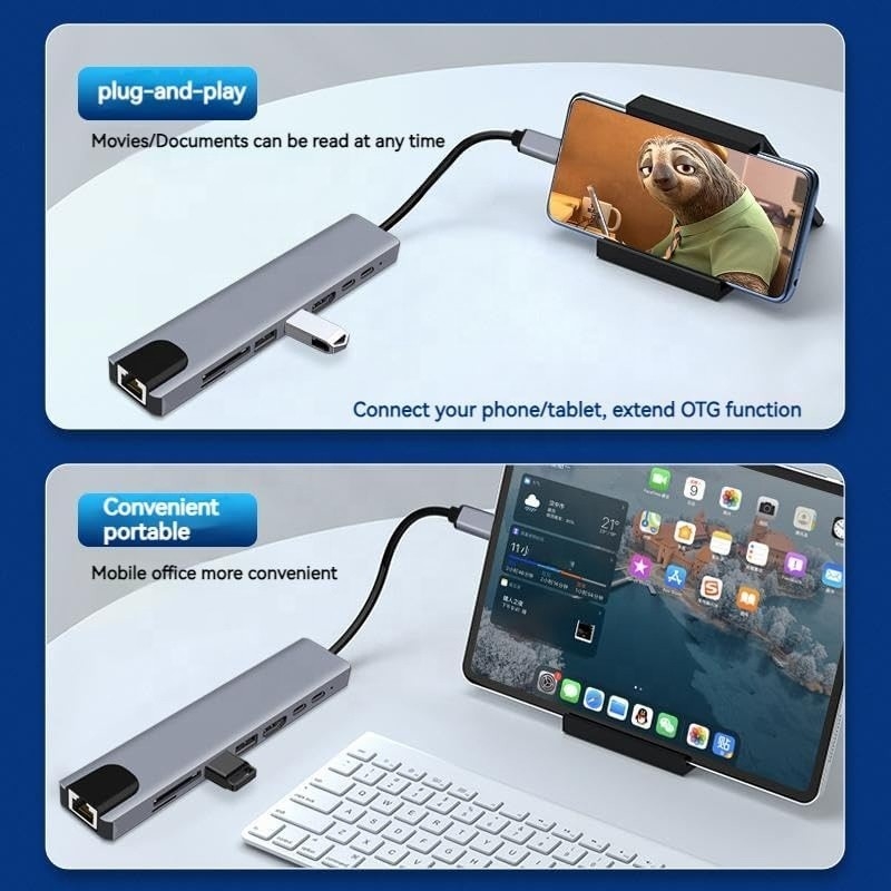 Bộ chuyển đổi đa cổng 8 trong 1 USB Type C Hub đa năng cho đa nhiệm và truyền dữ liệu