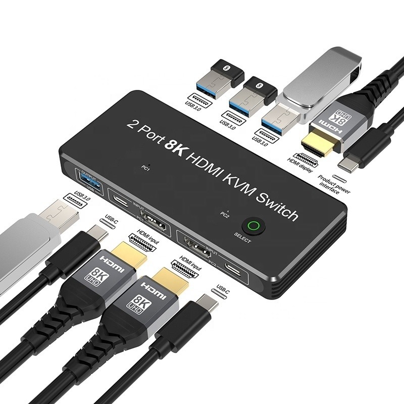 2 cổng HDMI 2.1 KVM Switch với USB 3.0 2 Input 1 Output LED Indicators nữ-nữ