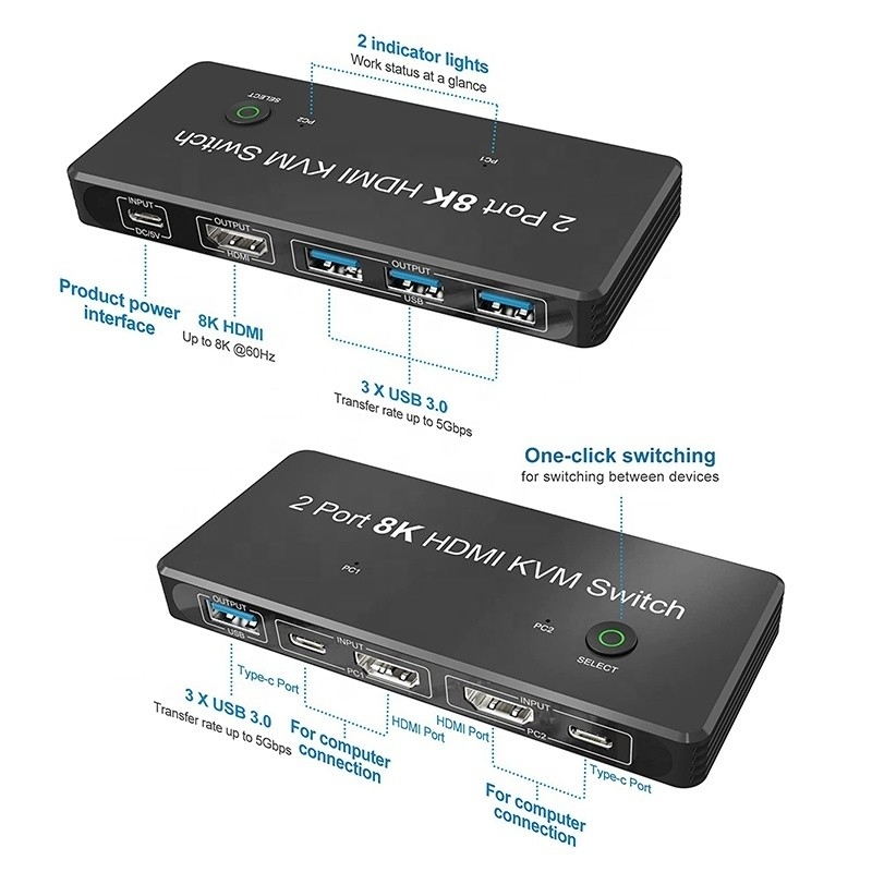 2 cổng HDMI 2.1 KVM Switch với USB 3.0 2 Input 1 Output LED Indicators nữ-nữ