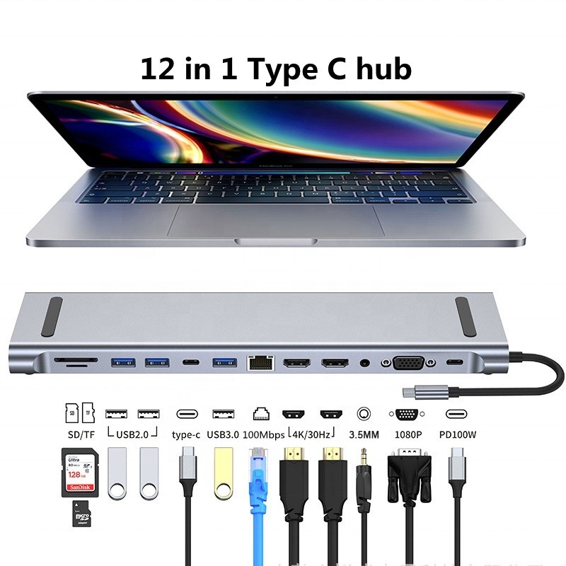 12 trong 1 USB-C Type-C Docking Station để sạc truyền dữ liệu và chức năng loa