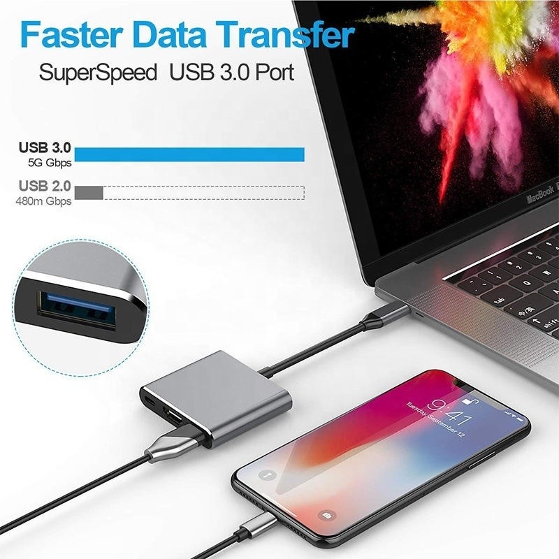3-in-1 USB C Type C Multi-function Hub đến USB-C PD HDMI USB 3.0 Adapter Converter Cable