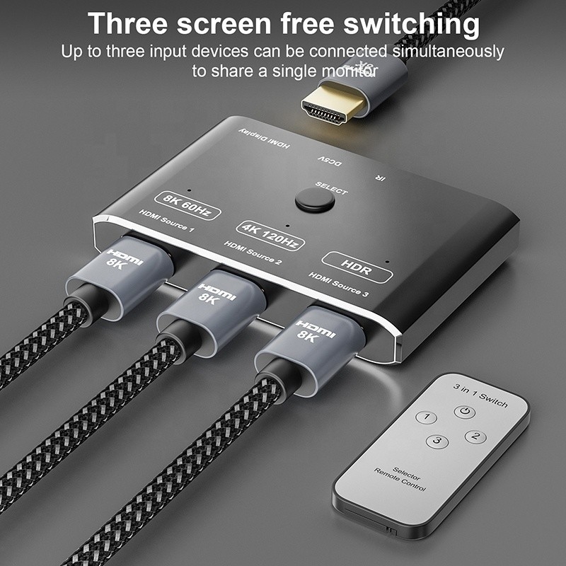 8K 120Hz HDR 3 cổng HDMI Switch Switcher 3 In 1 Out Plug Remote Converter