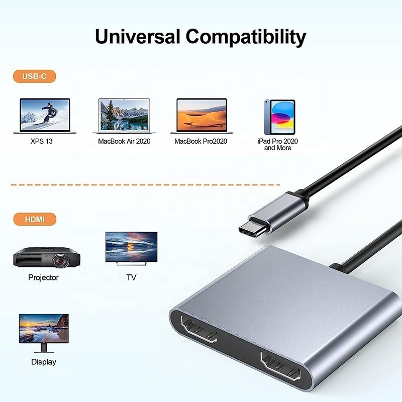 Loại C Đàn ông đến HDMI kép Đàn bà Thunderbolt 3 Cáp adapter đa màn hình USB-C 4K 30Hz