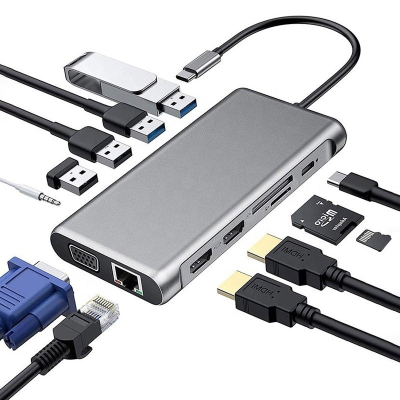 12-in-1 USB Type-C Docking Station HDMI 1080P 60Hz 2 * HDMI VGA RJ45 4 * USB Audio SD / TF PD