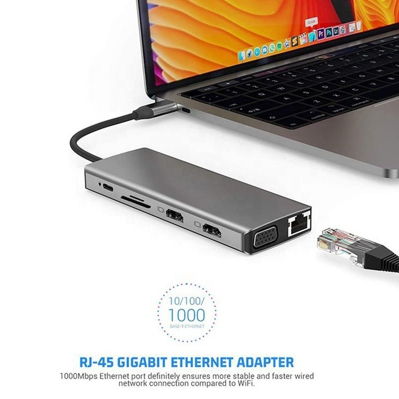 12-in-1 USB Type-C Docking Station HDMI 1080P 60Hz 2 * HDMI VGA RJ45 4 * USB Audio SD / TF PD