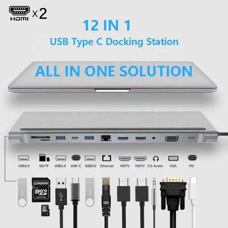 Tăng cường kết nối 12 In 1 USB C Type-C Hub Multiport Dock Station với HDMI kép