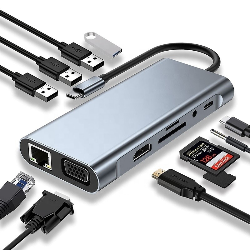 Multifunction USB C Hub Dock với Gigabit RJ45 Ethernet TF SD Card Reader HDMI VGA USB 3.0