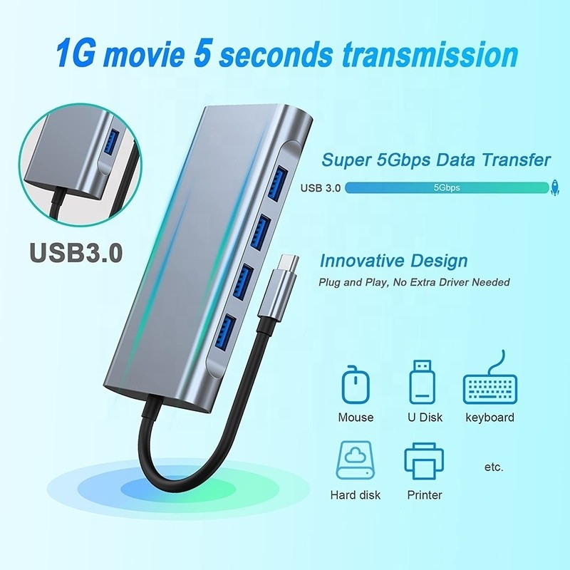 Multifunction USB C Hub Dock với Gigabit RJ45 Ethernet TF SD Card Reader HDMI VGA USB 3.0