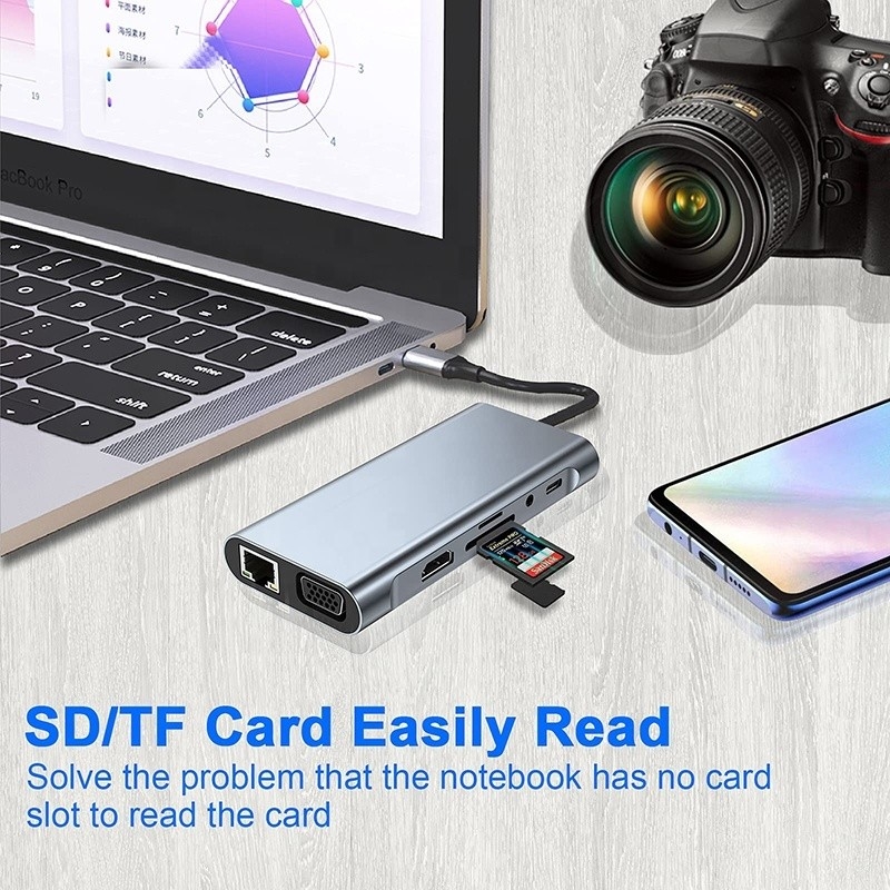 Multifunction USB C Hub Dock với Gigabit RJ45 Ethernet TF SD Card Reader HDMI VGA USB 3.0