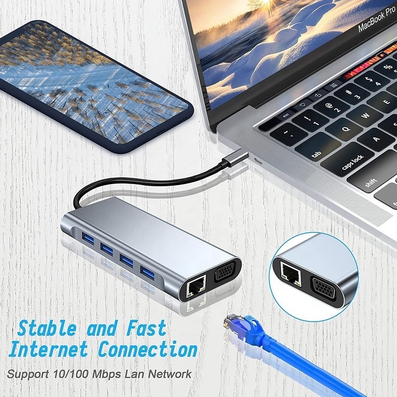Multifunction USB C Hub Dock với Gigabit RJ45 Ethernet TF SD Card Reader HDMI VGA USB 3.0