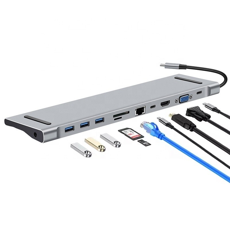 11 trong 1 USB C Type C Docking Station với VGA Ethernet 3.5MM Audio TF / SD Card Reader