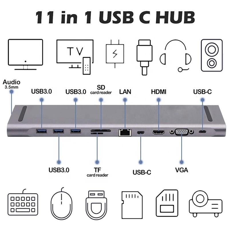 11 trong 1 USB C Type C Docking Station với VGA Ethernet 3.5MM Audio TF / SD Card Reader