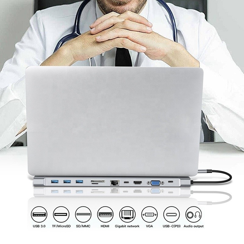 11 trong 1 USB C Type C Docking Station với VGA Ethernet 3.5MM Audio TF / SD Card Reader