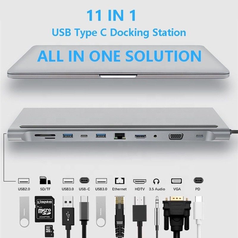 11 In 1 Multiport USB C USB-C Type-C PD 4K HDTV Hub Adapter Docking Station Với RJ45