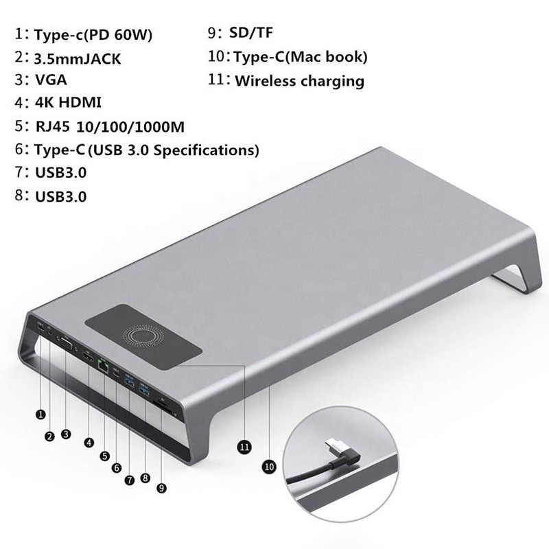 TYPE-C Nam 11 In 1 Hub Computer Laptop Docking Station Adapter với 1000Mbps RJ45 và USB-C PD