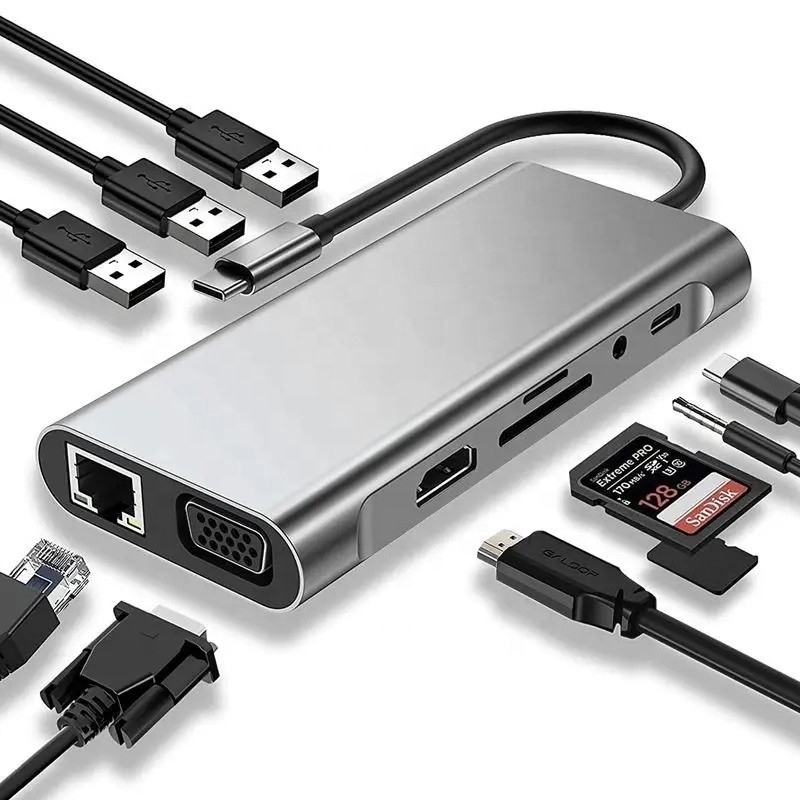USB C Hub Type-C đến USB 3.0 HDMI VGA RJ45 Lan SD TF Audio USB Grey Multiport Adapter