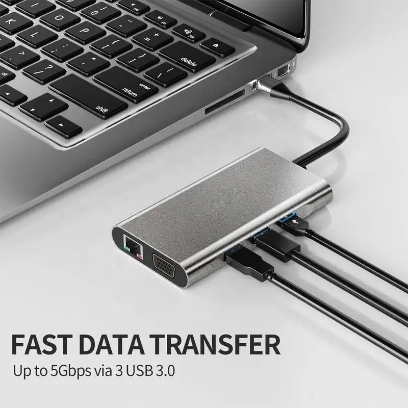 USB C Hub Type-C đến USB 3.0 HDMI VGA RJ45 Lan SD TF Audio USB Grey Multiport Adapter
