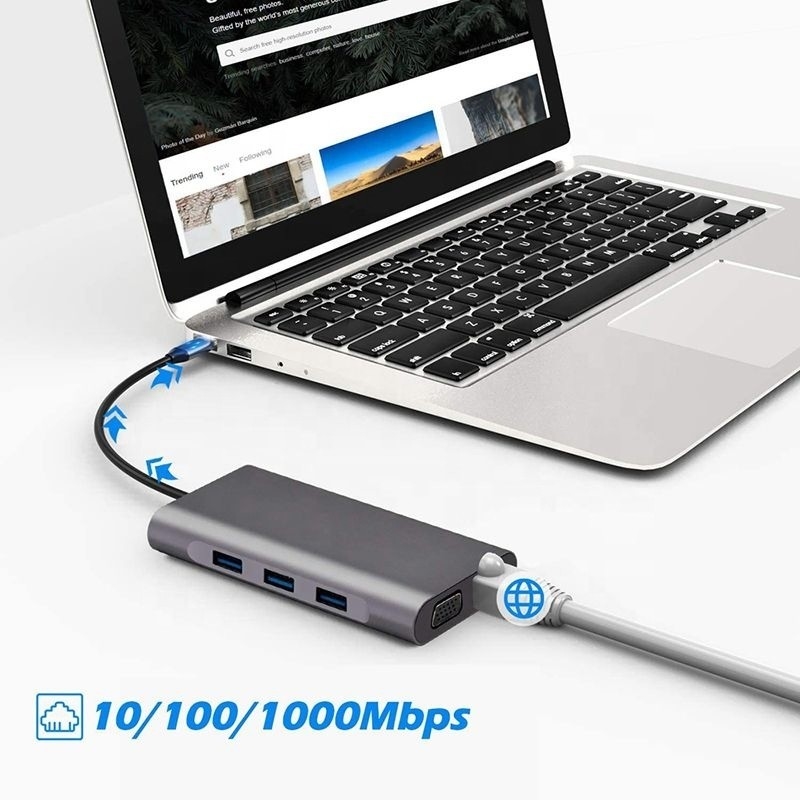 USB C Hub Type-C đến USB 3.0 HDMI VGA RJ45 Lan SD TF Audio USB Grey Multiport Adapter