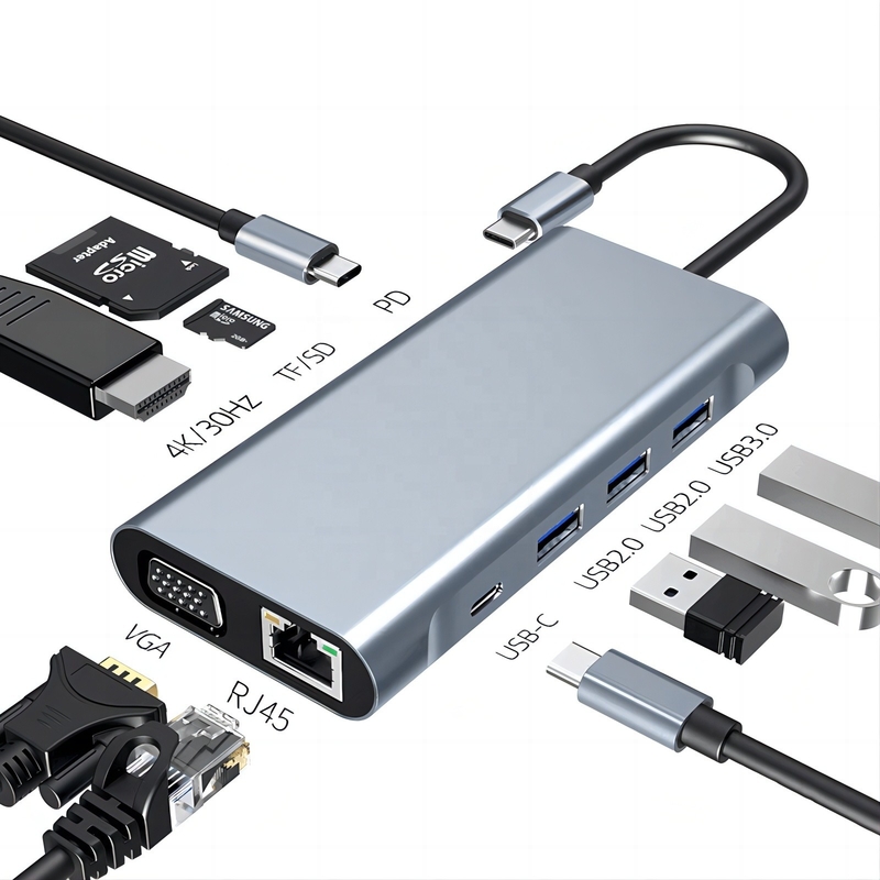 USB C Type C 10 In 1 Docking Station với 4K HDTV VGA Lan RJ45 USB3.0 Card Reader PD
