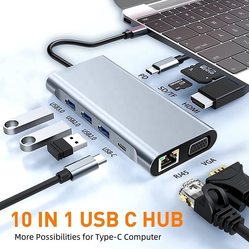 USB C Type C 10 In 1 Docking Station với 4K HDTV VGA Lan RJ45 USB3.0 Card Reader PD