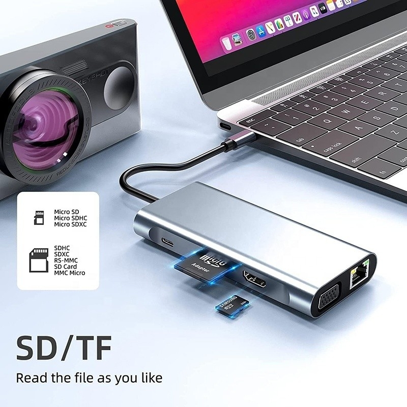 USB C Type C 10 In 1 Docking Station với 4K HDTV VGA Lan RJ45 USB3.0 Card Reader PD