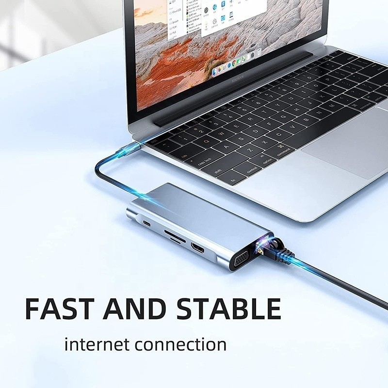 USB C Type C 10 In 1 Docking Station với 4K HDTV VGA Lan RJ45 USB3.0 Card Reader PD