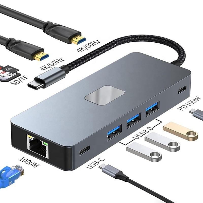 10 In 1 USB C Hub To Dual HDMI 4K 60Hz Adapter Dock với USB 3.0 Ethernet RJ45 1000Mbps