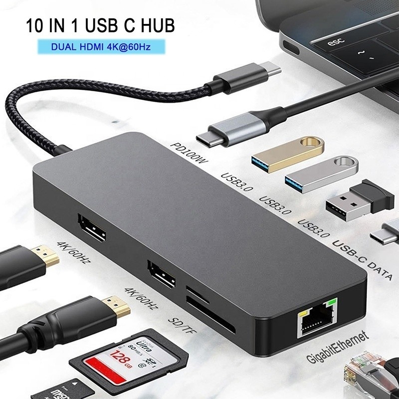 10 In 1 USB C Hub To Dual HDMI 4K 60Hz Adapter Dock với USB 3.0 Ethernet RJ45 1000Mbps