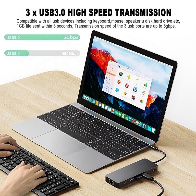 10 In 1 USB C Hub To Dual HDMI 4K 60Hz Adapter Dock với USB 3.0 Ethernet RJ45 1000Mbps