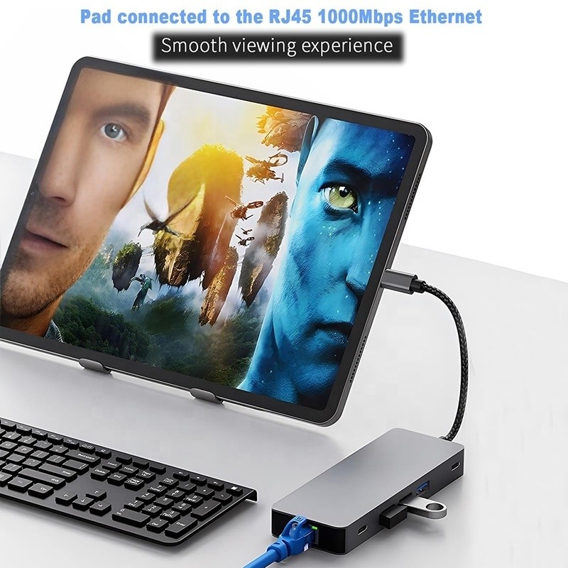 10 In 1 USB C Hub To Dual HDMI 4K 60Hz Adapter Dock với USB 3.0 Ethernet RJ45 1000Mbps