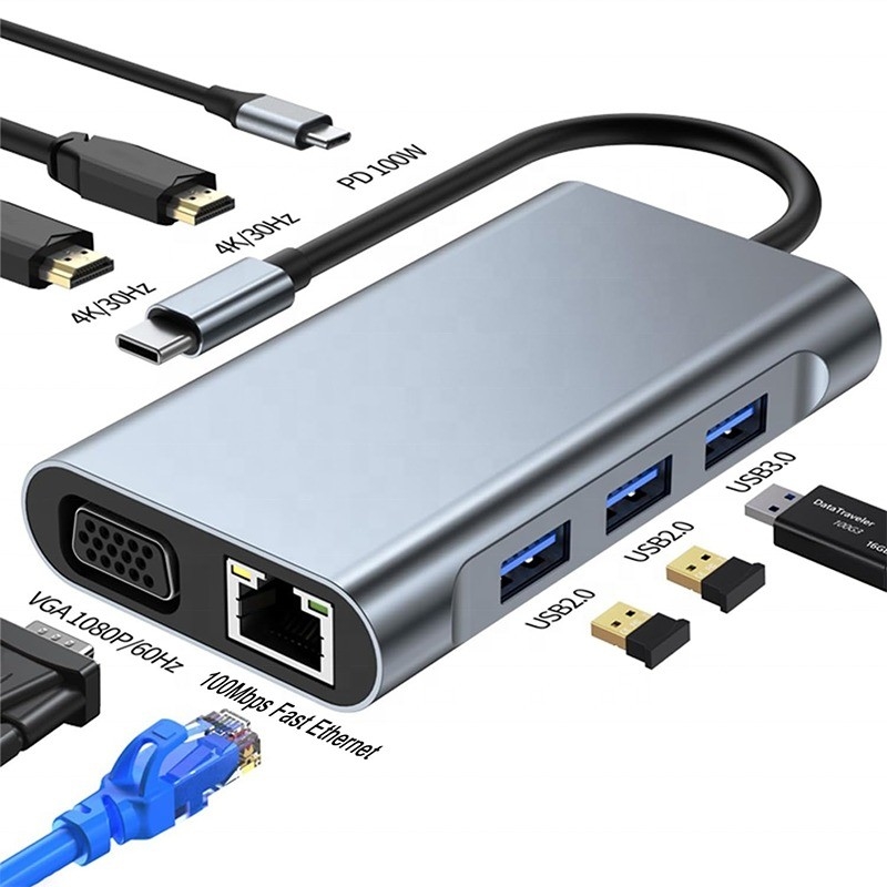 Multi Function 8-In-1 USB-C USB C Docking Station với cổng 4K HDMI và 2 cổng HDMI màu xám