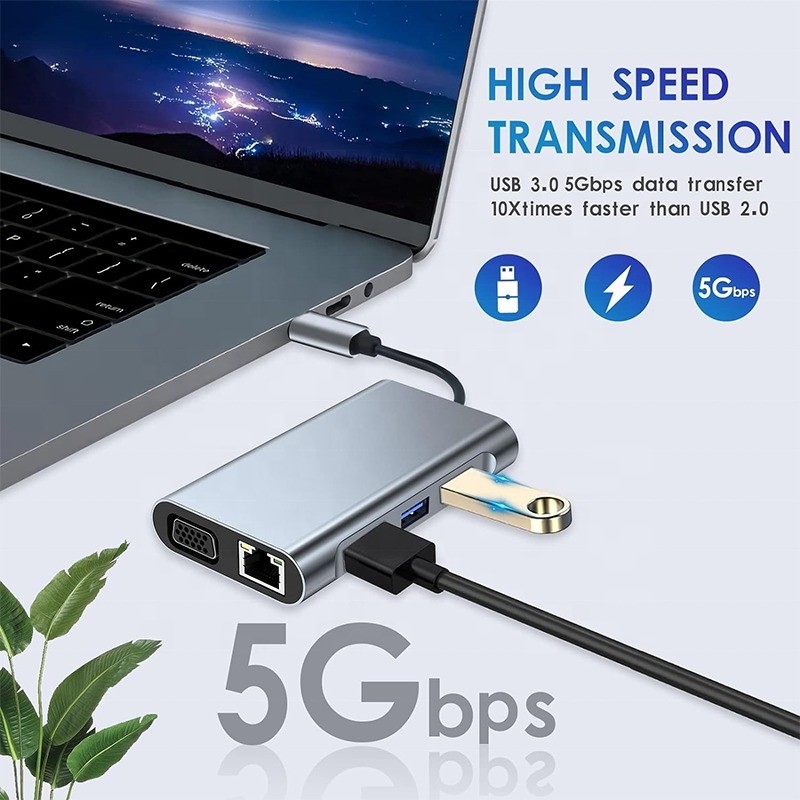 Multi Function 8-In-1 USB-C USB C Docking Station với cổng 4K HDMI và 2 cổng HDMI màu xám