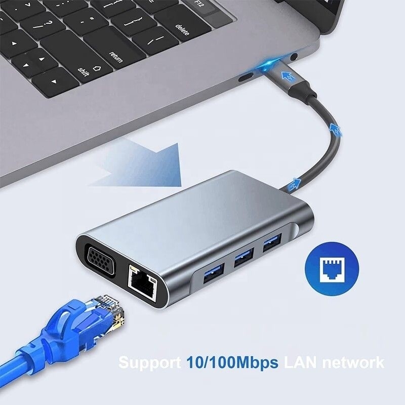 Multi Function 8-In-1 USB-C USB C Docking Station với cổng 4K HDMI và 2 cổng HDMI màu xám