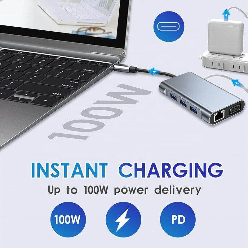 Multi Function 8-In-1 USB-C USB C Docking Station với cổng 4K HDMI và 2 cổng HDMI màu xám